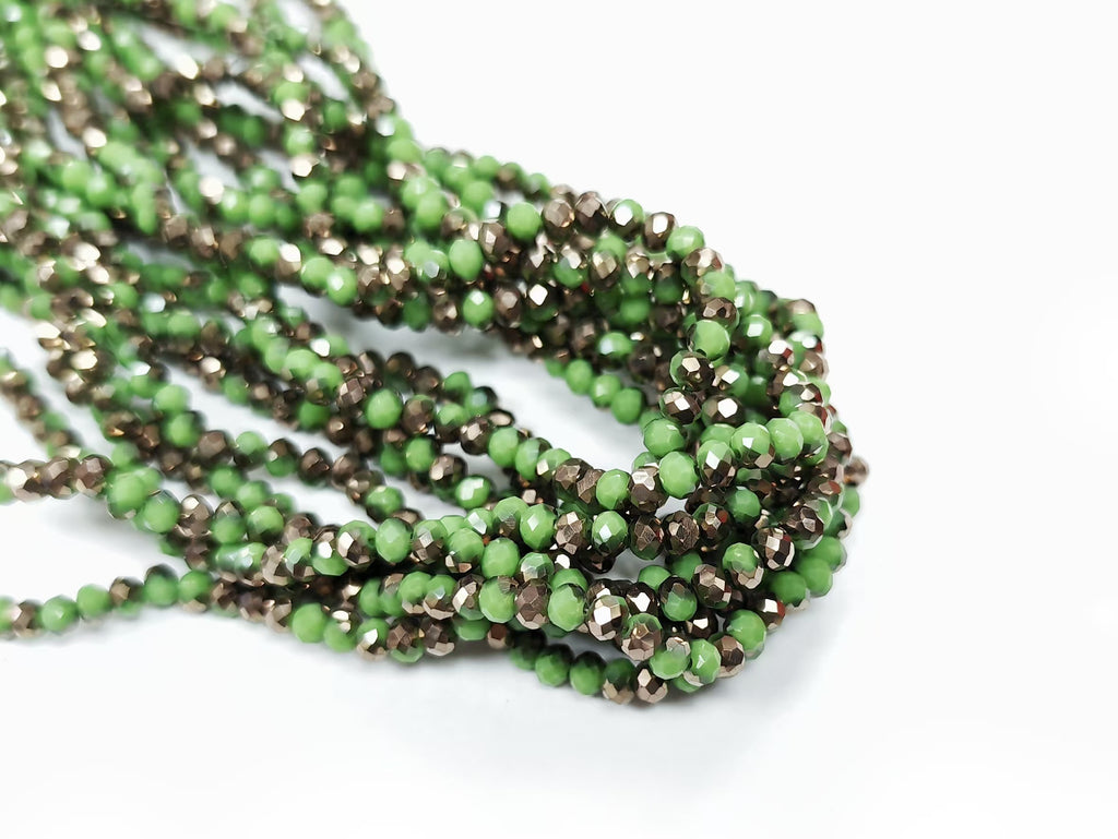 Glass beads 3x4mm faceted rondelle, Solid Apple Green x Half Plated bronze color | 玻璃珠, 3x4mm, 切面扁珠, 實色蘋果綠X半鍍古銅色