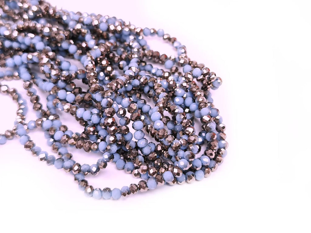 Glass beads 3x4mm faceted rondelle, Solid Slate Blue x Half Plated bronze color | 玻璃珠, 3x4mm, 切面扁珠, 實色藍色X半鍍古銅色