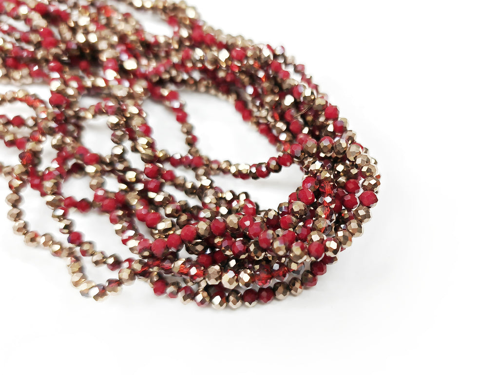 3x4mm faceted rondelle glass beads, Dark red with Bronze color plated | 玻璃珠, 3x4mm, 切面扁珠,  深紅色X半鍍古銅色