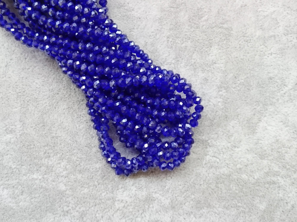 3x4mm faceted rondelle glass beads, Transparent Dark Blue, Lustre (#10L) - amakeit bead 天富