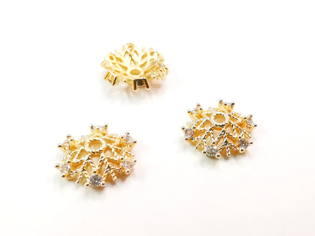 Brass Cap, Cubic Zirconia, 10.5mm, 2 pcs |  銅珠蓋, 鋯石, 10.5mm, 2個