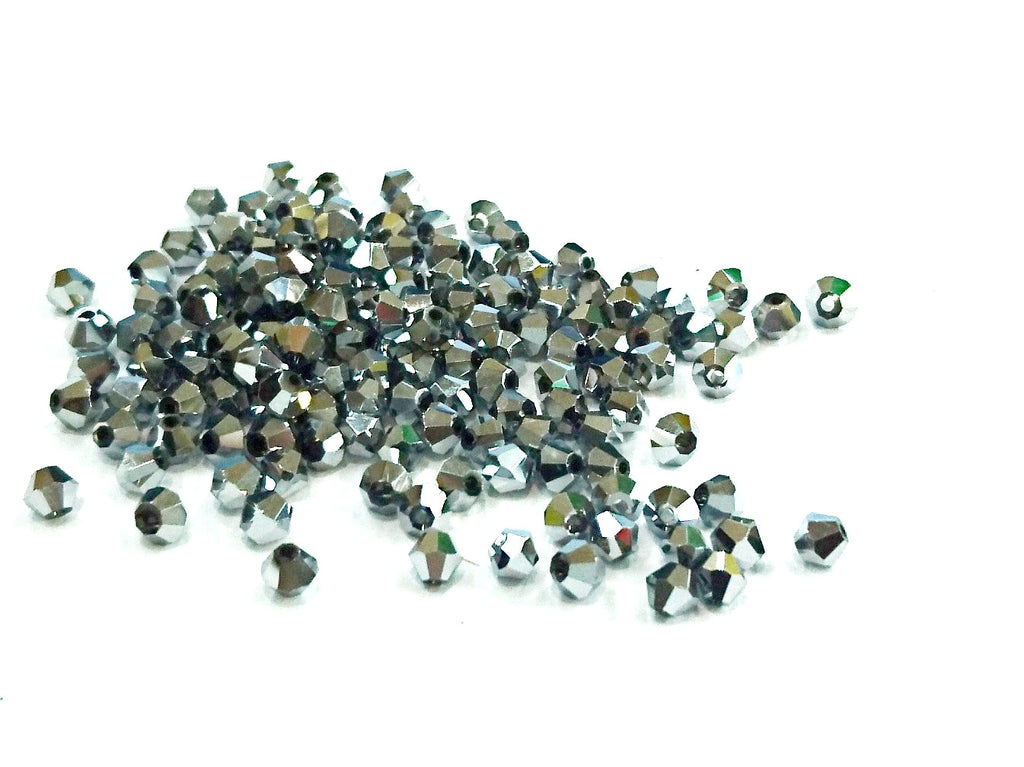 Bicone Glass Bead, 4mm, silver, 144 Pcs | 雙尖水晶玻璃, 4mm, 銀色, 144粒
