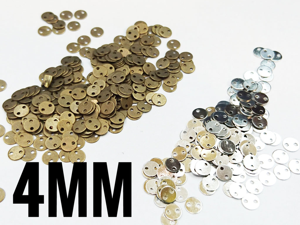 Clearance, Brass sequins, 4mm, 2 holes, 200 pcs | 特價, 圓銅片, 4mm, 雙孔, 200個