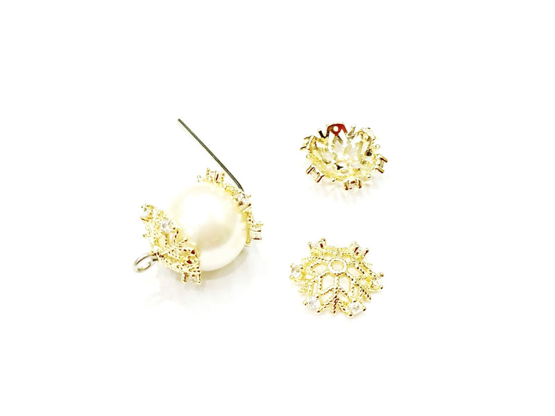Brass Cap, Cubic Zirconia, 13mm, Round, Price Per 2 Pieces - amakeit bead 天富