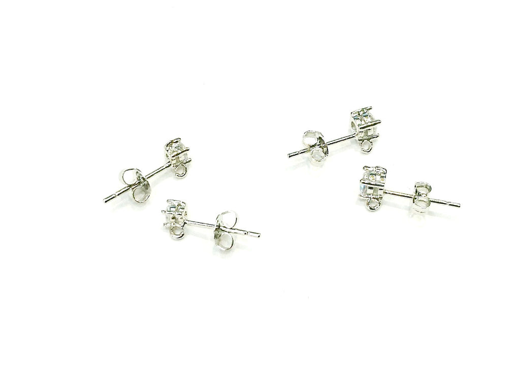 Stud Earring, Imitation Platinum, 3mm/4mm Clear Cubic Zirconia, 1 Pair | 閃石耳鐶, 3mm/4mm鋯石, 有圈, 白金色, 1對