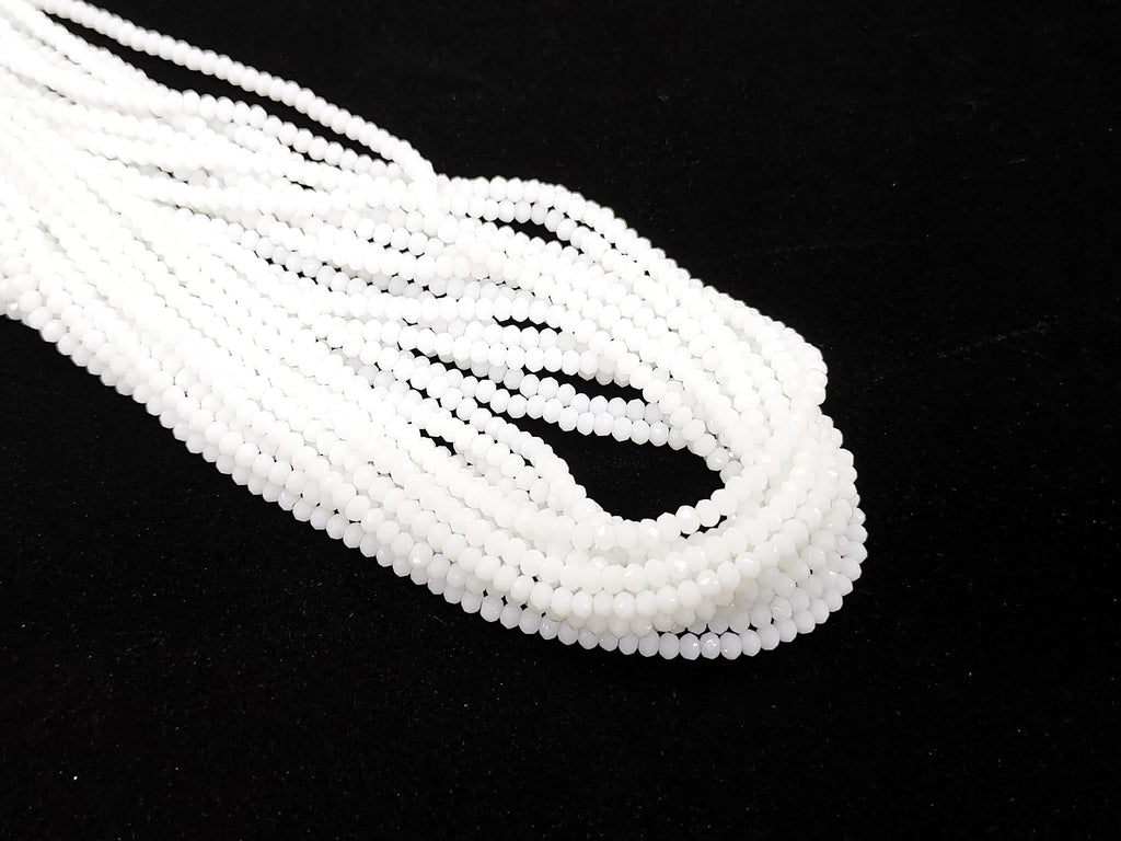 Glass beads, 3x3.5mm faceted rondelle, Solid White (#50) | 玻璃珠, 3x3.5mm, 切面扁珠, 實色白 (#50)