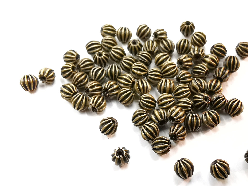 Brass Beads, Corrugated Round, 4mm, 0.7mm hole, 72 Pcs | 銅西瓜珠, 4mm, 0.7mm孔, 72個