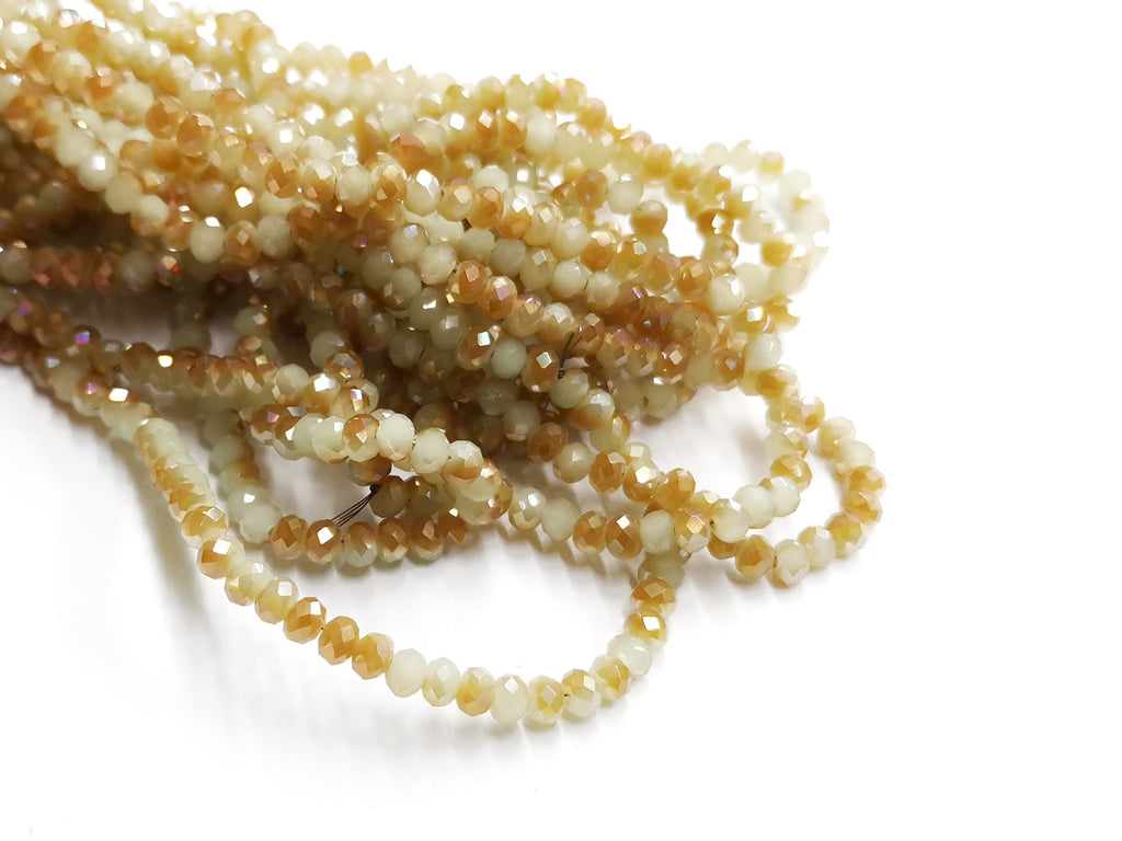 3x4mm faceted rondelle glass beads, Translucent Light Green with Topaz color plated (#93) | 玻璃珠, 3x4mm, 切面扁珠,  果凍綠色X半鍍琥珀金色 (#93)
