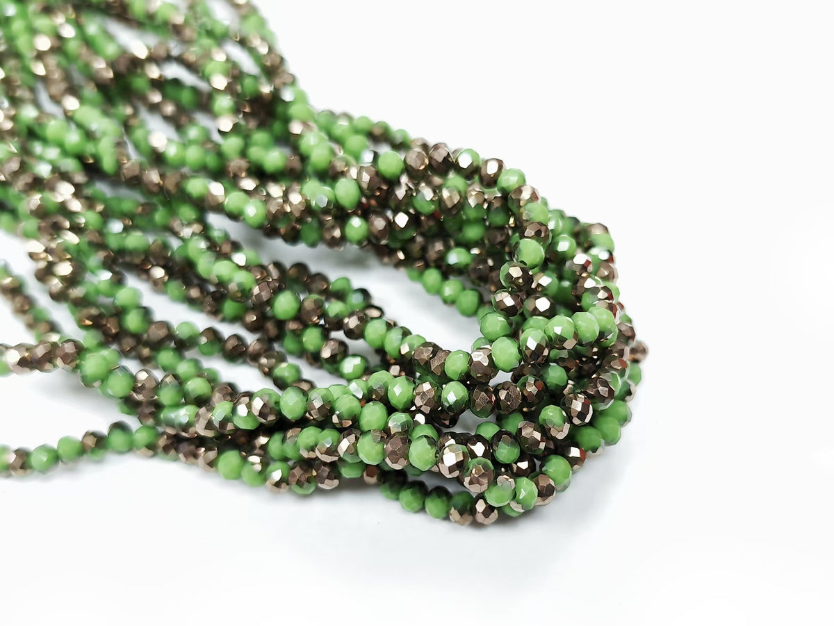 玻璃珠, 3x4mm, 切面扁珠, 實色蘋果綠X半鍍古銅色