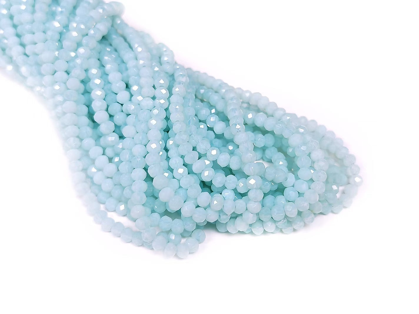 玻璃珠, 3x4mm, 切面扁珠, 蛋白天藍色,  110粒