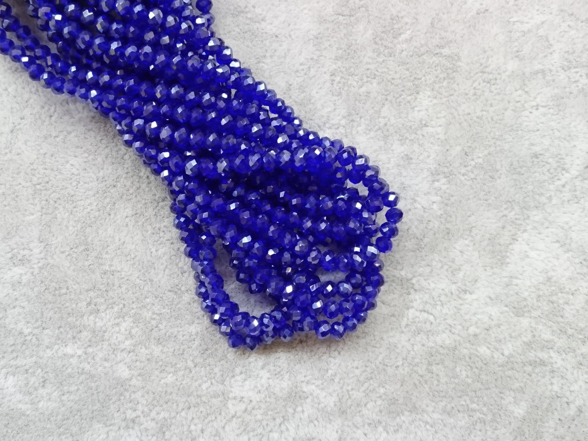 3x4mm faceted rondelle glass beads, Transparent Dark Blue, Lustre (#10L) - amakeit bead 天富