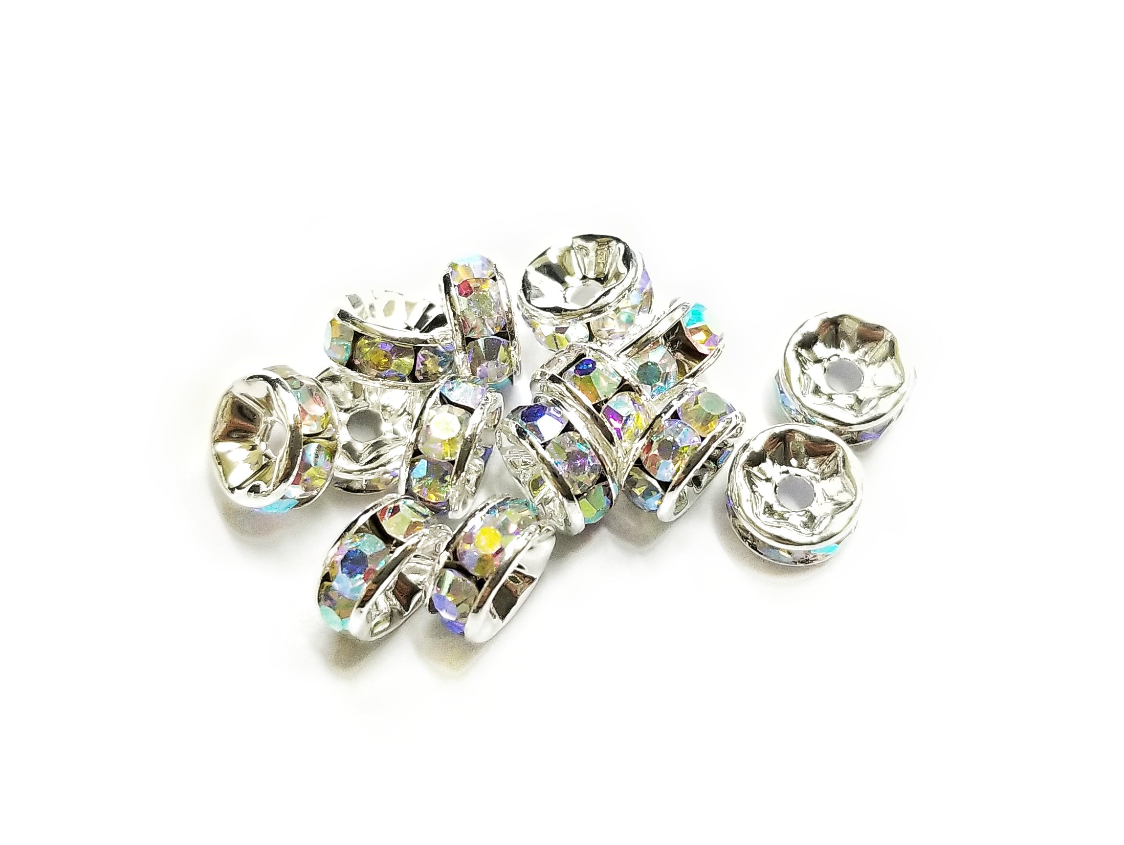 Spacer, Rondelle, 8mm Nickel, AB Clear Rhinestone, 10 Pieces  | 閃石隔珠, 8mm叻色, 透明AB水鑽, 10個