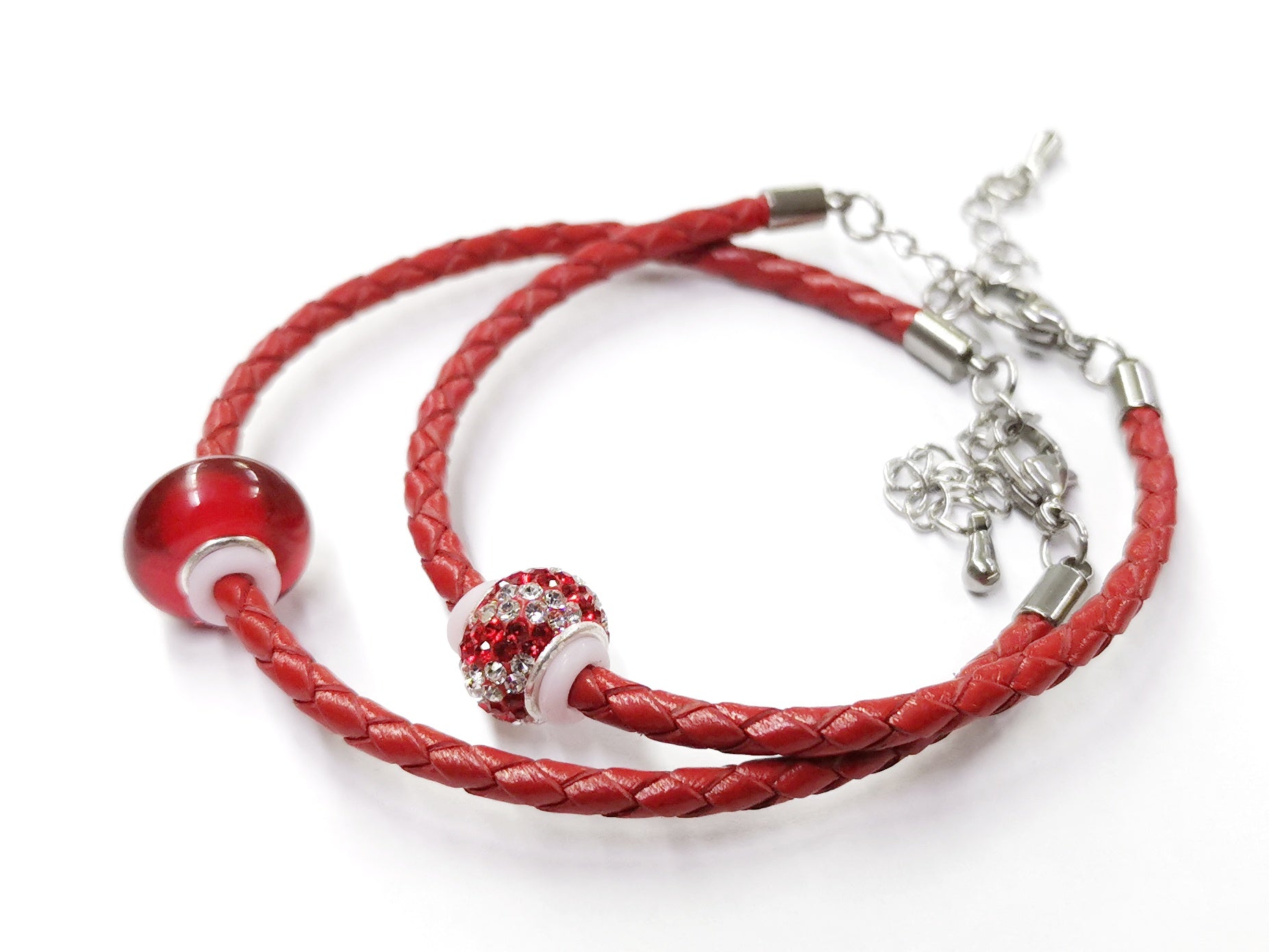 紅色牛皮手鏈，不銹鋼扣