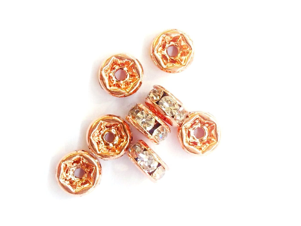Spacer, Rondelle, 6mm Rose Gold, Clear Rhinestone, 12 Pieces  | 閃石隔珠, 6mm, 透明水鑽, 玫瑰金色 12個