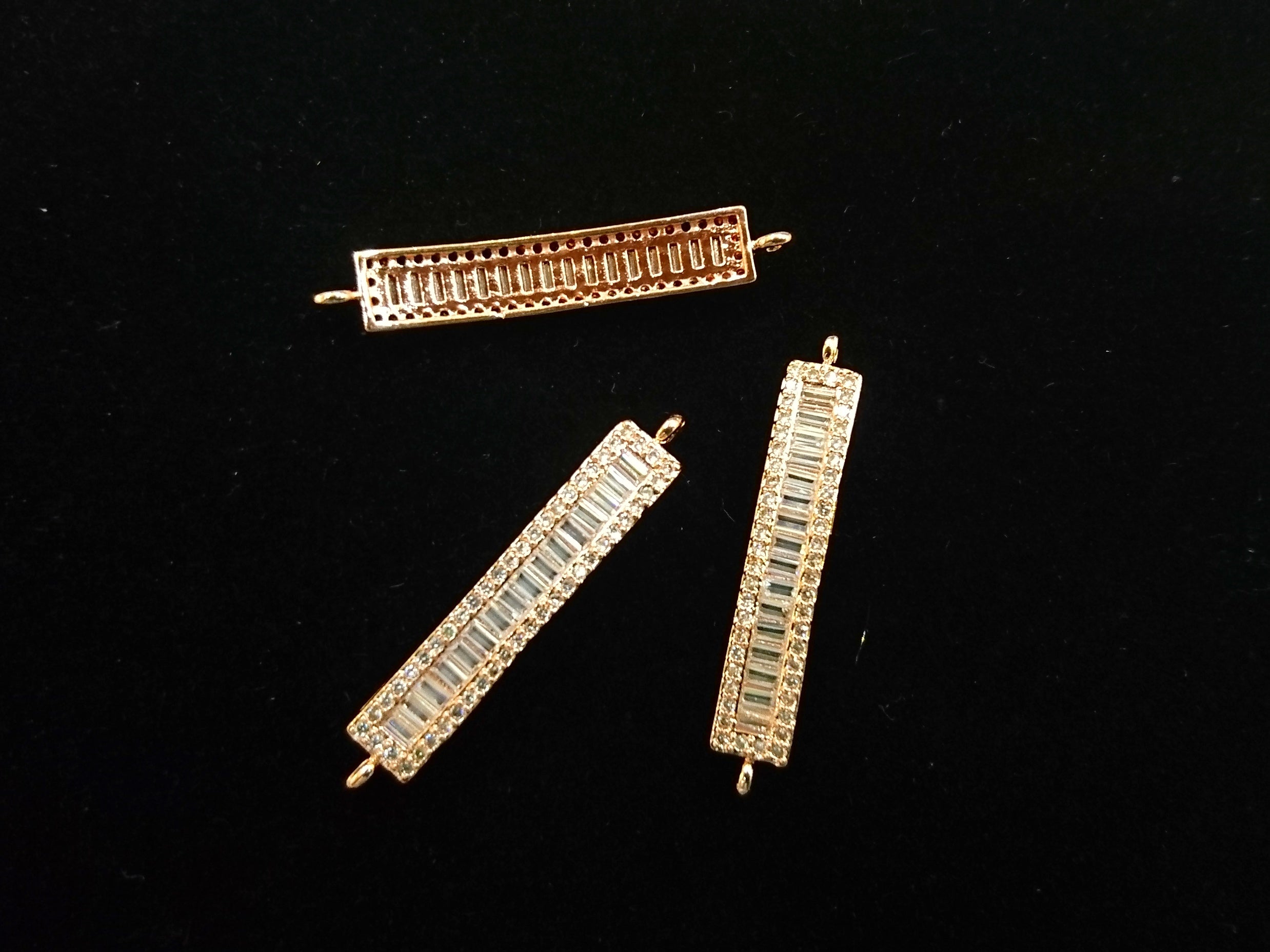 Connector, Brass, Cubic Zirconia, 6x34mm Rectangle, 1 Pc | 銅連接配件, 方晶鋯石, 6x34mm, 長方, 1個