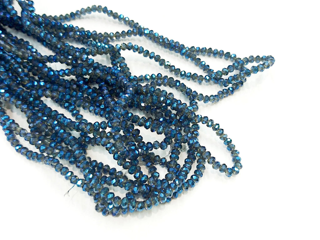 玻璃珠, 3x3.5mm, 切面扁珠, 透明電鍍藍色