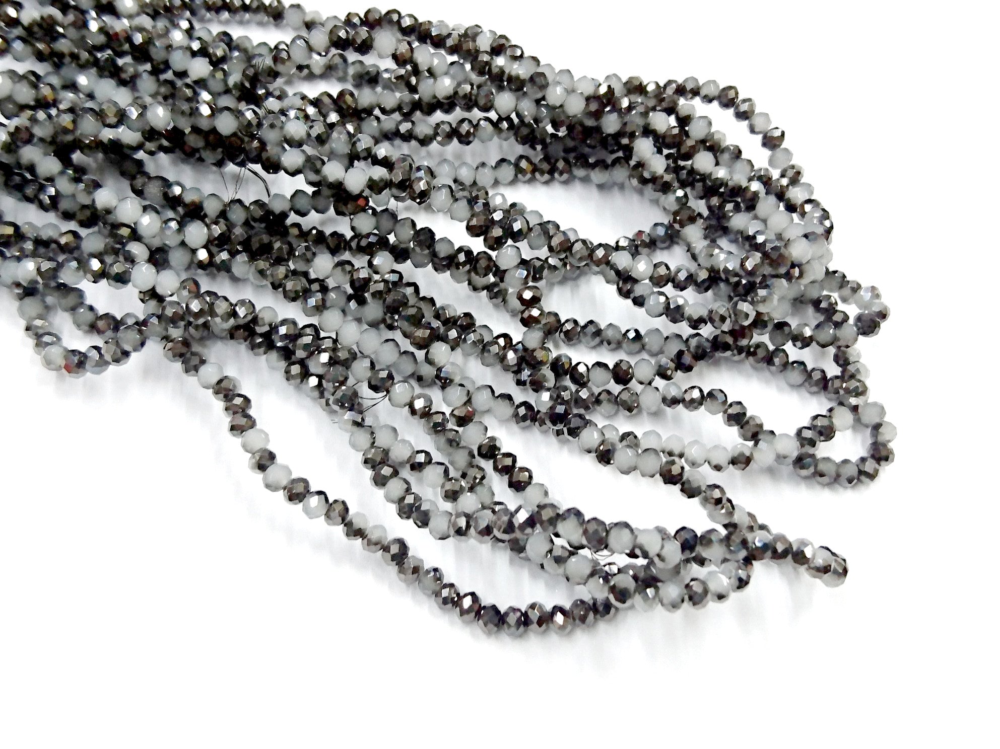 玻璃珠, 3x3.5mm, 切面扁珠, 蛋白+半鍍槍黑色