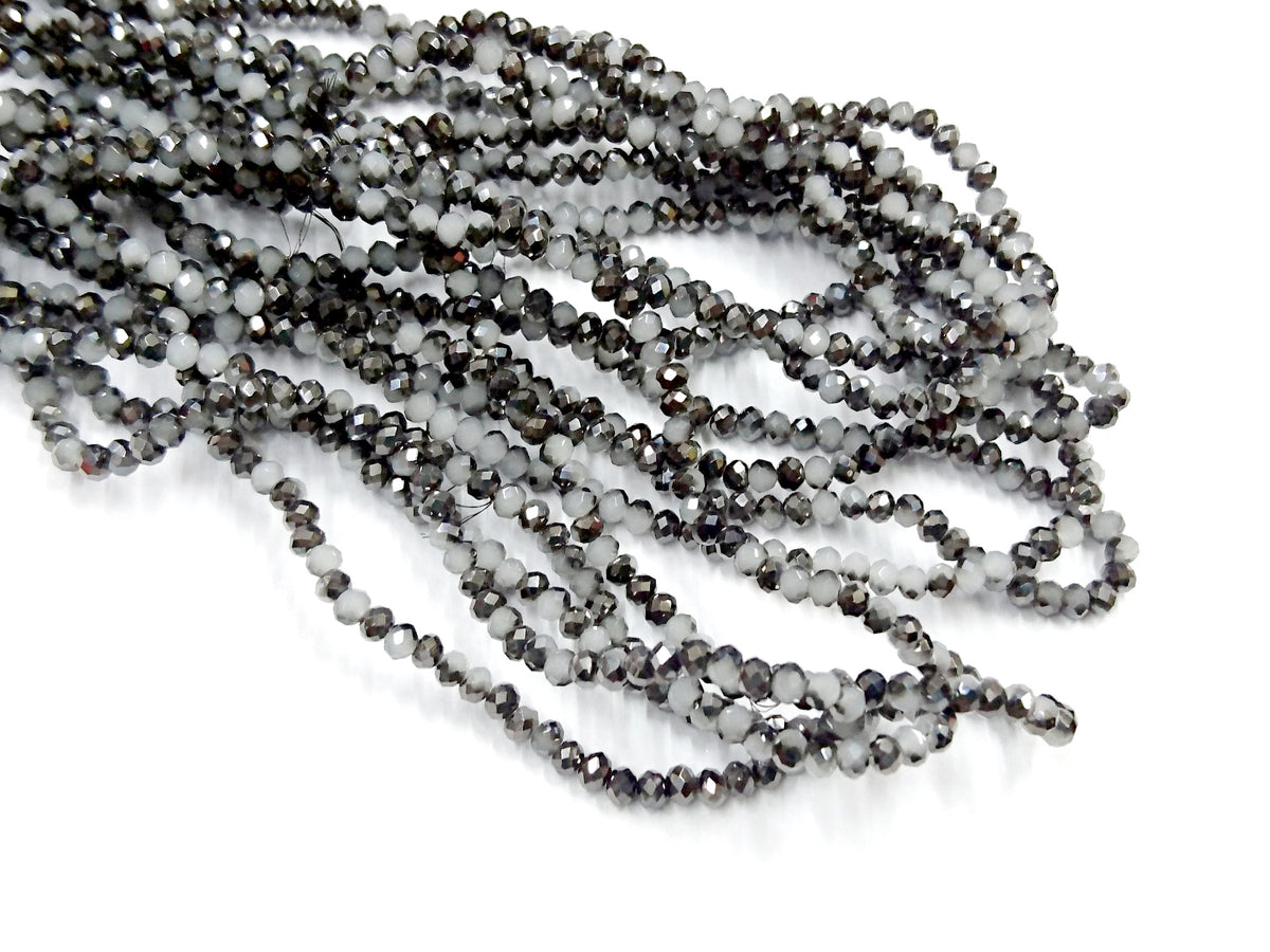 玻璃珠, 3x3.5mm, 切面扁珠, 蛋白+半鍍槍黑色