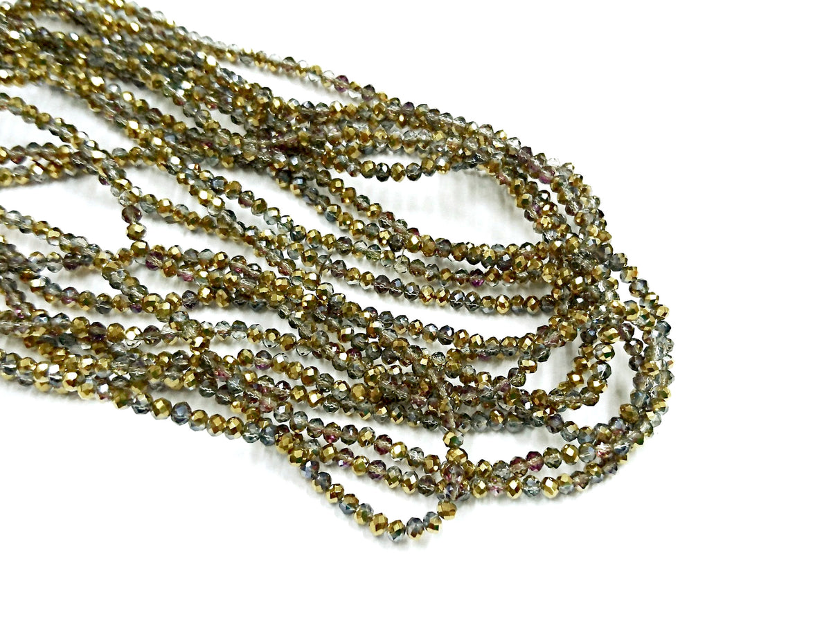 玻璃珠, 3x3.5mm, 切面扁珠, 半鍍透紫 X 半鍍金色