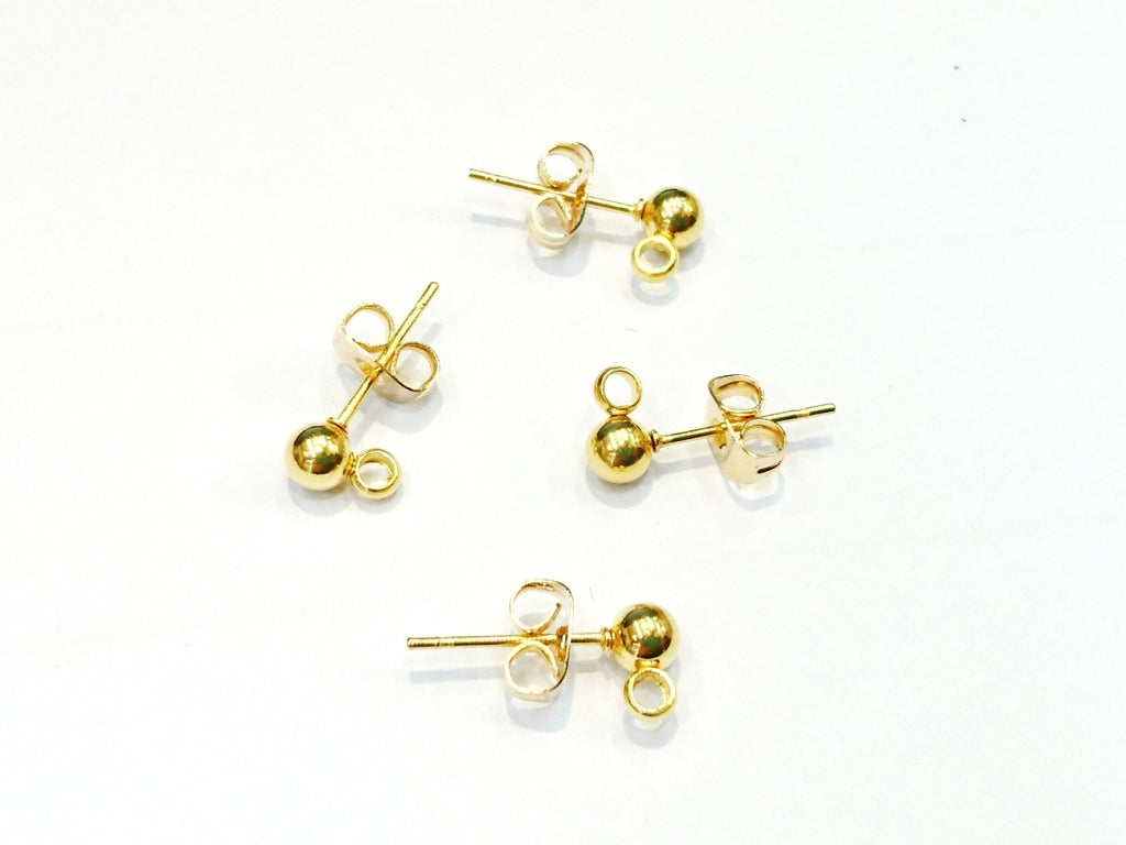 Stainless Steel Ball Earring Stud Pins, 4mm Ball with Ring, 2 Pairs | 不鏽鋼耳針, 4mm圓珠金色, 2對