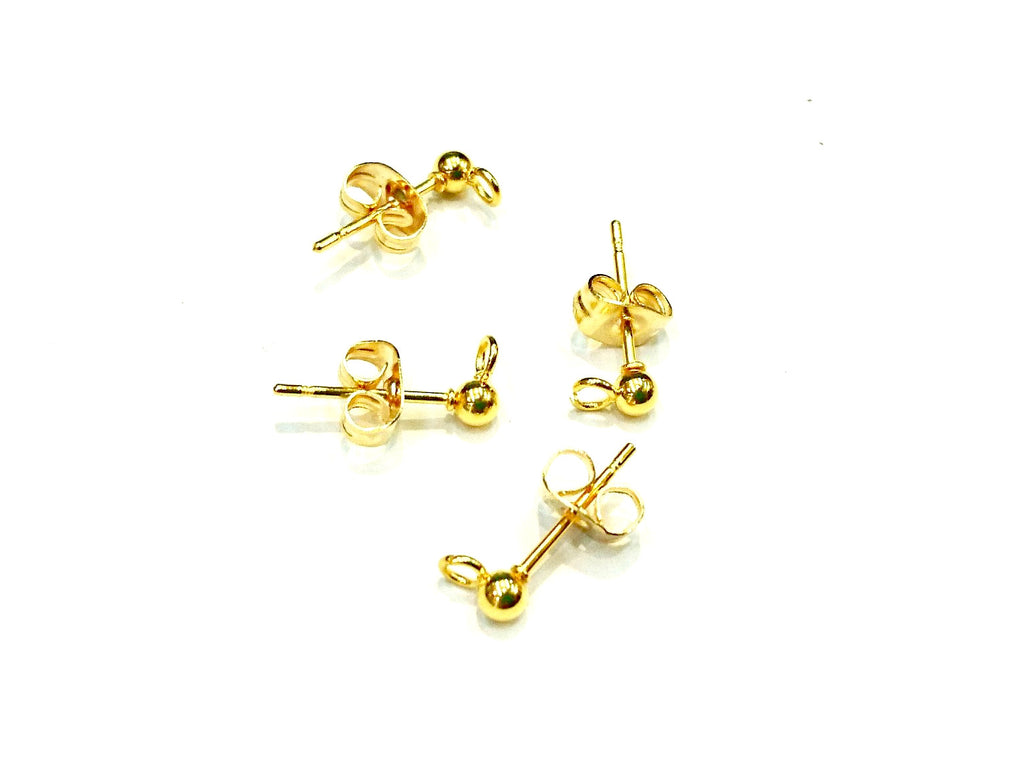 Stainless Steel Ball Earring Stud Pins, 3mm Ball with Ring, 2 Pairs | 不鏽鋼耳針, 3mm圓珠金色, 2對
