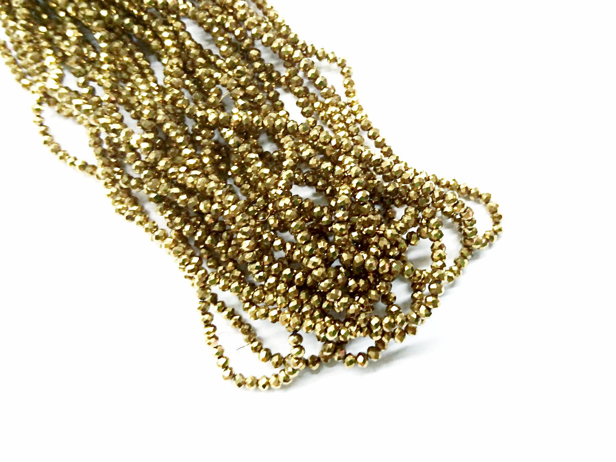 玻璃珠, 3x3.5mm, 切面扁珠, 金屬金色 (#30)