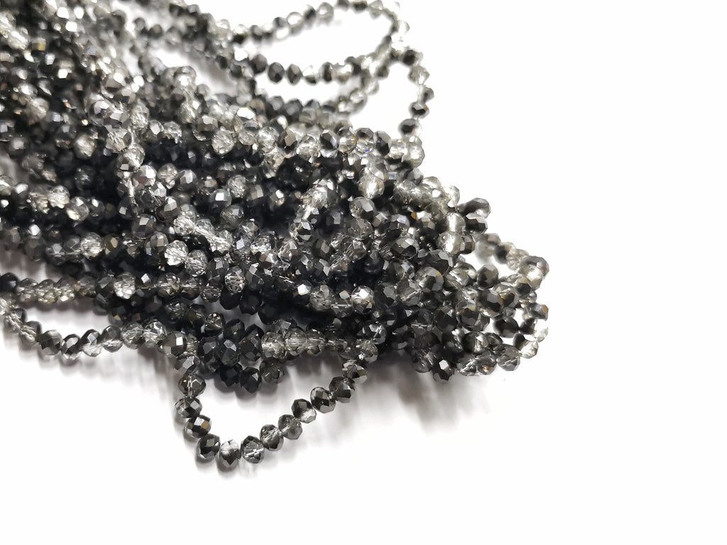 玻璃珠, 3x4mm, 切面扁珠, 透明白x半鍍槍黑色