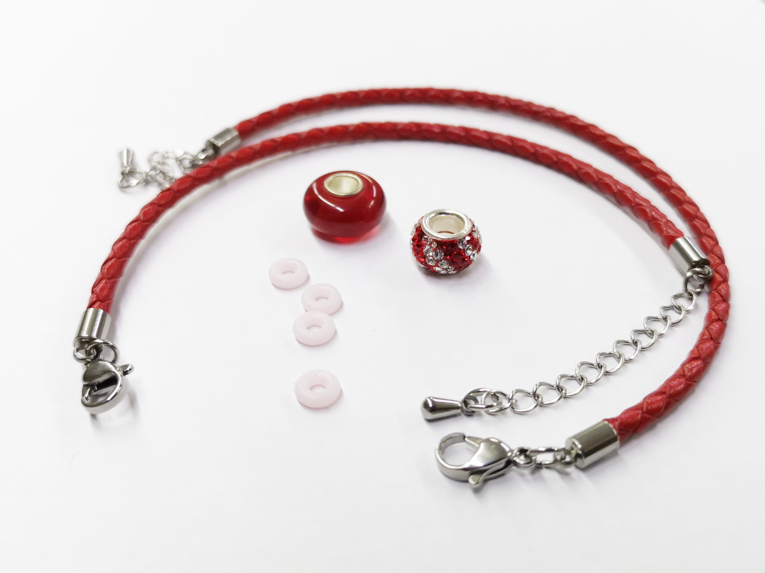 紅色牛皮手鏈，不銹鋼扣