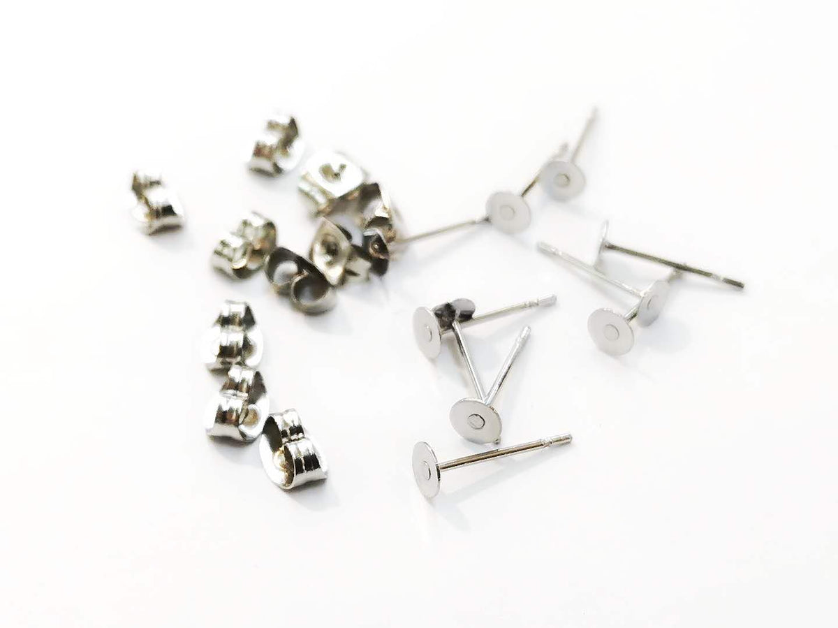 Earring Post, Stainless Steel, 4mm Flat Pad, 5 Pairs | 不鏽鋼耳托, 4mm, 5對