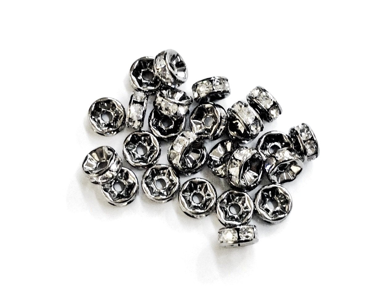 Spacer, Rondelle, 7mm Gun Metal, Clear Rhinestone, 12 Pieces  | 閃石隔珠, 7mm槍黑色, 透明水鑽, 12個