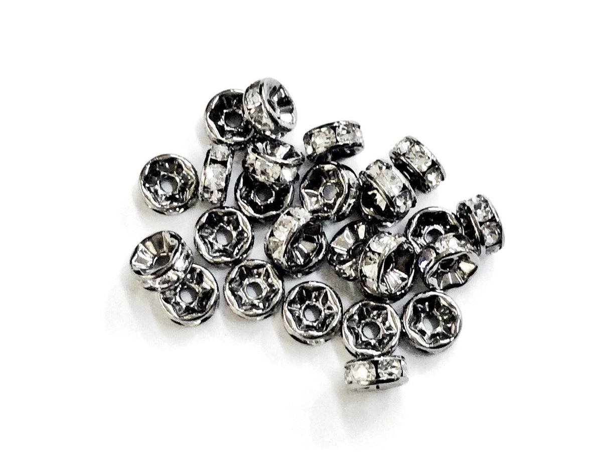 Spacer, Rondelle, 7mm Gun Metal, Clear Rhinestone, 12 Pieces  | 閃石隔珠, 7mm槍黑色, 透明水鑽, 12個
